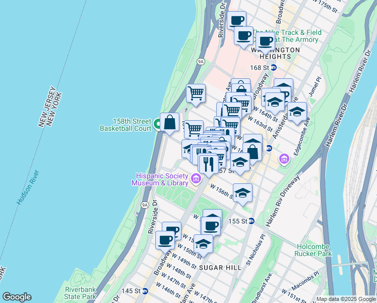 map of restaurants, bars, coffee shops, grocery stores, and more near 839 Riverside Drive in New York