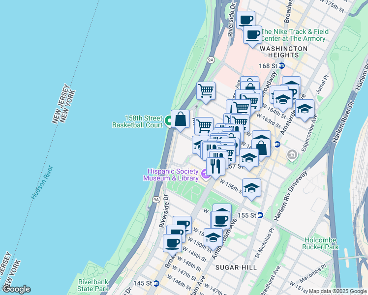 map of restaurants, bars, coffee shops, grocery stores, and more near 157-10 Riverside Drive West in New York