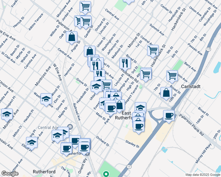 map of restaurants, bars, coffee shops, grocery stores, and more near 47 Lincoln Place in East Rutherford