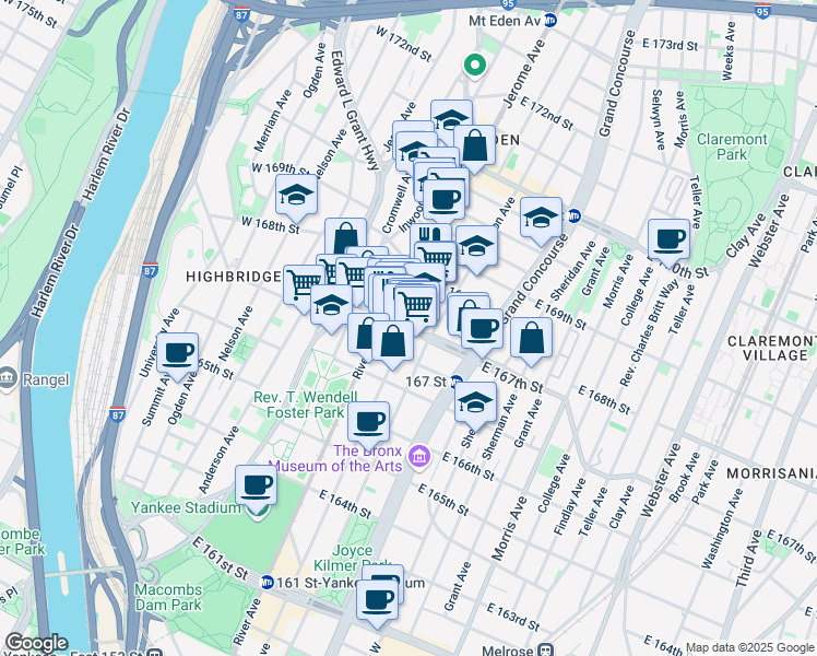 map of restaurants, bars, coffee shops, grocery stores, and more near E 167th St & Gerard Ave in Bronx