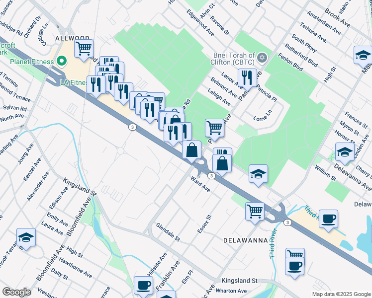 map of restaurants, bars, coffee shops, grocery stores, and more near 680 New Jersey 3 in Clifton