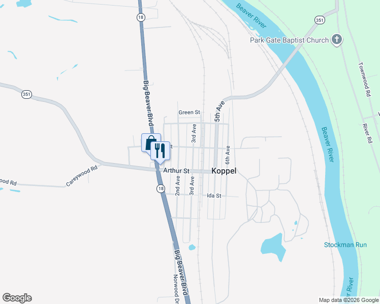 map of restaurants, bars, coffee shops, grocery stores, and more near 3338 3rd Avenue in Koppel