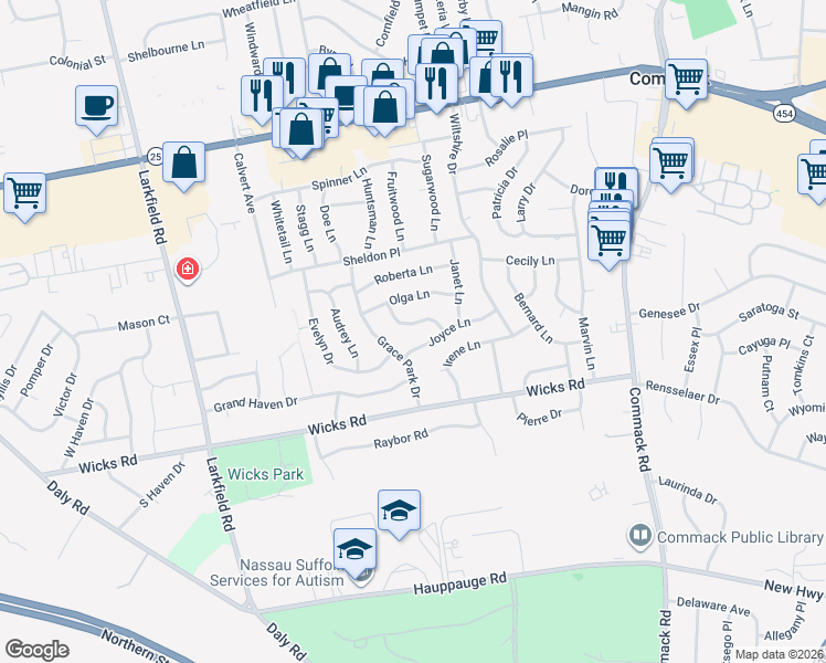 map of restaurants, bars, coffee shops, grocery stores, and more near 14 Romeo Lane in Commack