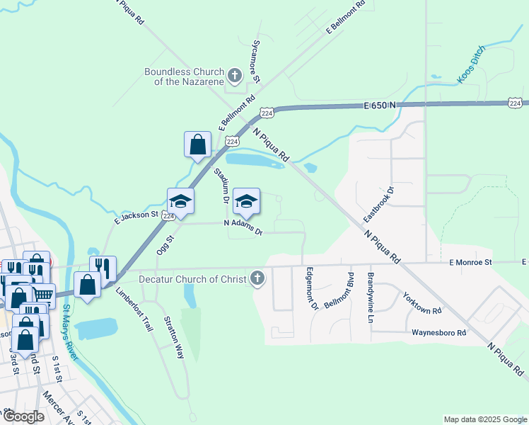 map of restaurants, bars, coffee shops, grocery stores, and more near 1000 East North Adams Drive in Decatur