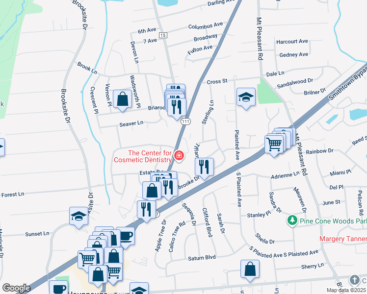 map of restaurants, bars, coffee shops, grocery stores, and more near 365 Route 111 in Smithtown