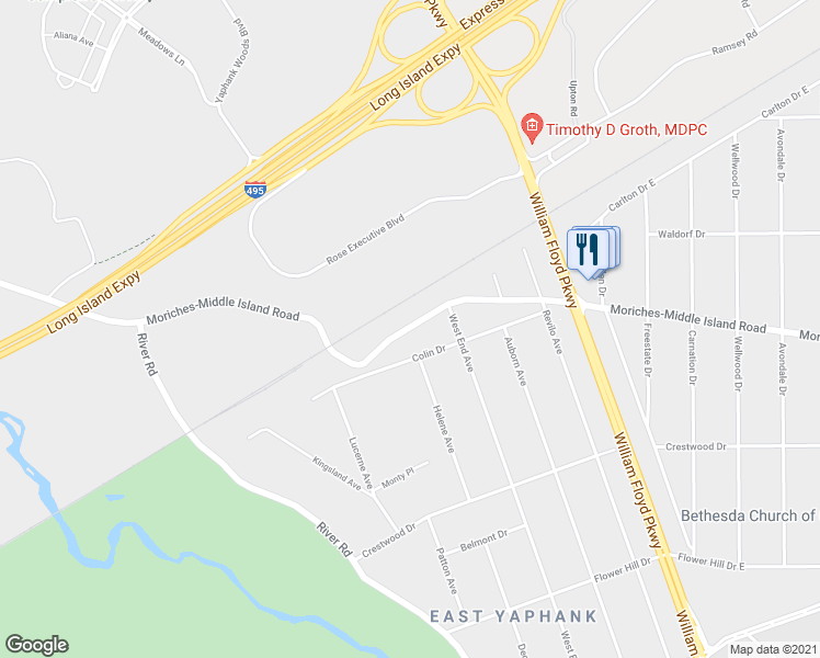 map of restaurants, bars, coffee shops, grocery stores, and more near 18 Moriches-Middle Island Road in Shirley