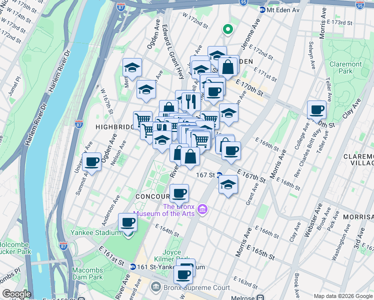 map of restaurants, bars, coffee shops, grocery stores, and more near in The Bronx