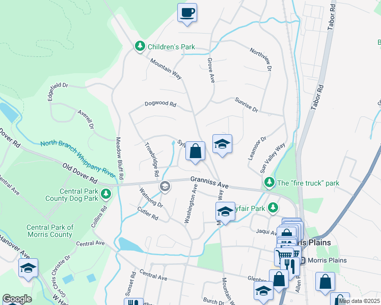 map of restaurants, bars, coffee shops, grocery stores, and more near in Morris Plains