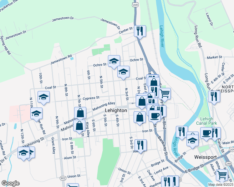 map of restaurants, bars, coffee shops, grocery stores, and more near 334 Cypress Street in Lehighton