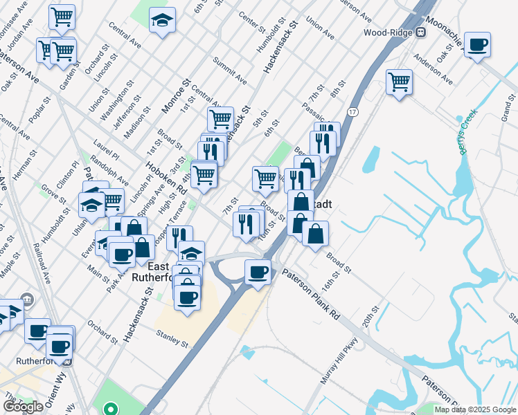 map of restaurants, bars, coffee shops, grocery stores, and more near 344 8th Street in Carlstadt