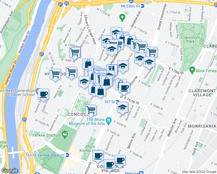 map of restaurants, bars, coffee shops, grocery stores, and more near 1220 Gerard Avenue in Bronx