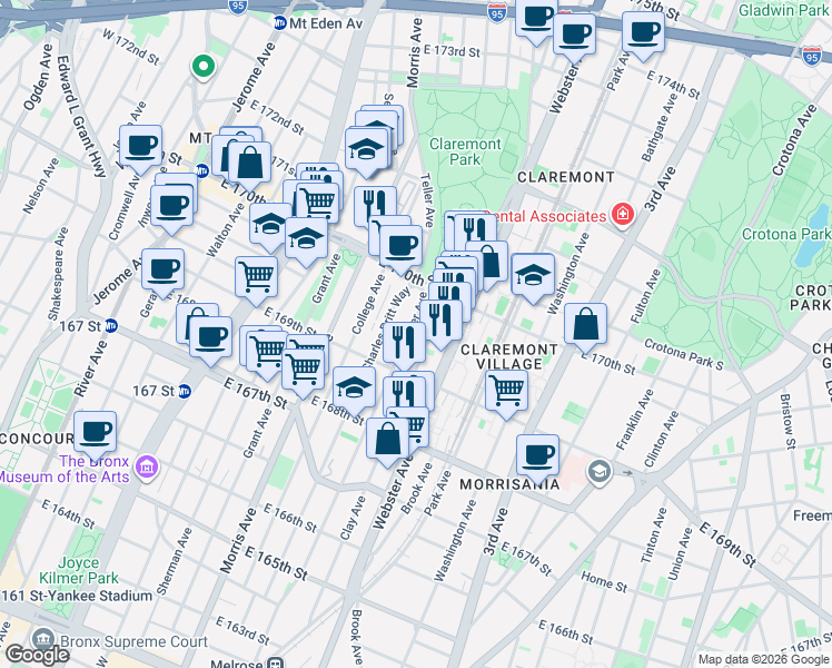 map of restaurants, bars, coffee shops, grocery stores, and more near 1365 Teller Avenue in Bronx