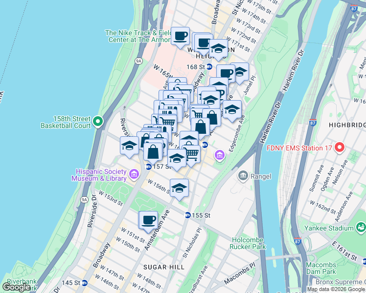 map of restaurants, bars, coffee shops, grocery stores, and more near 523 West 160th Street in New York