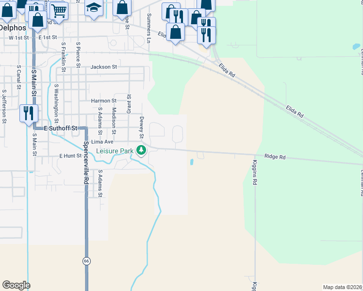 map of restaurants, bars, coffee shops, grocery stores, and more near 1000 Lima Avenue in Delphos
