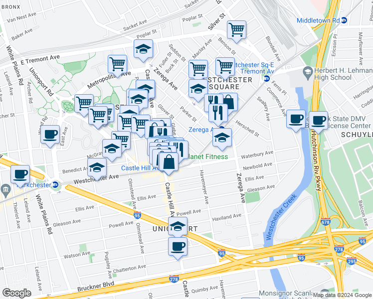 map of restaurants, bars, coffee shops, grocery stores, and more near 1436 Doris Street in Bronx