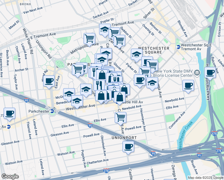 map of restaurants, bars, coffee shops, grocery stores, and more near 1381 Castle Hill Avenue in Bronx