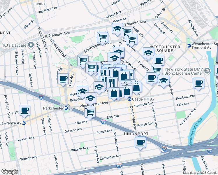 map of restaurants, bars, coffee shops, grocery stores, and more near 2132 Starling Avenue in Bronx