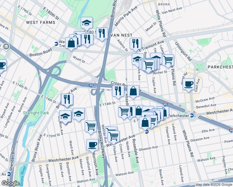 map of restaurants, bars, coffee shops, grocery stores, and more near 1434 Cross Bronx Expressway in Bronx
