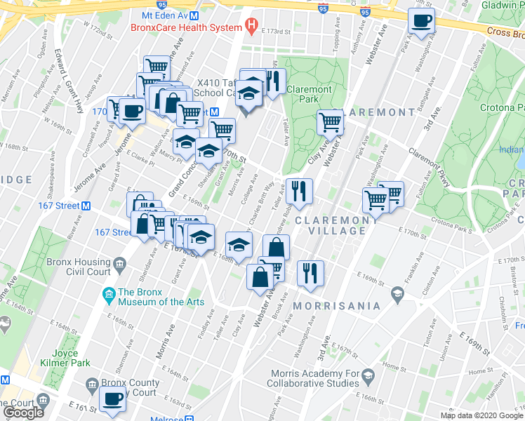 map of restaurants, bars, coffee shops, grocery stores, and more near 1340 College Avenue in The Bronx