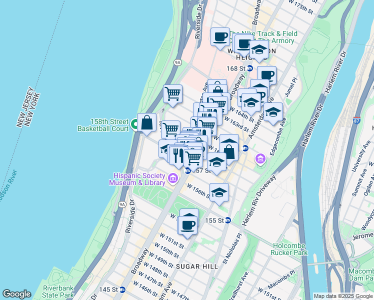map of restaurants, bars, coffee shops, grocery stores, and more near 834 Riverside Drive in New York