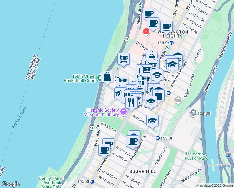 map of restaurants, bars, coffee shops, grocery stores, and more near 839 Riverside Drive in New York