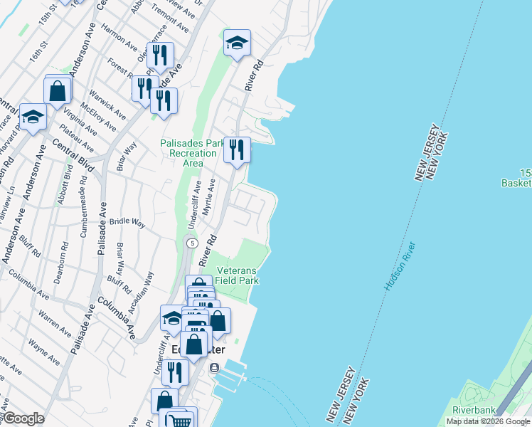map of restaurants, bars, coffee shops, grocery stores, and more near 1225 River Road in Edgewater
