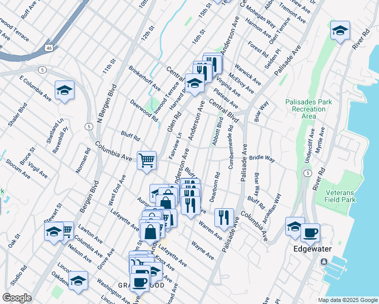 map of restaurants, bars, coffee shops, grocery stores, and more near 1082 Anderson Avenue in Fort Lee