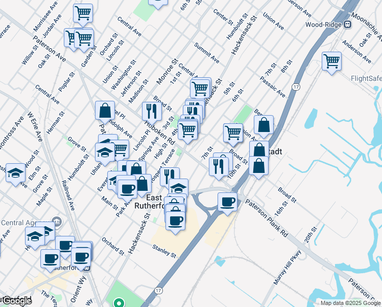 map of restaurants, bars, coffee shops, grocery stores, and more near 306 Hackensack Street in Carlstadt