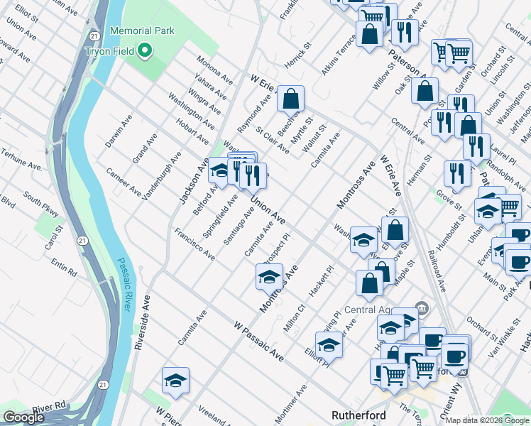 map of restaurants, bars, coffee shops, grocery stores, and more near 132 Carmita Avenue in Rutherford