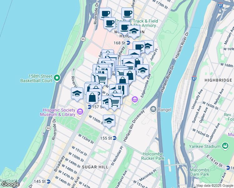 map of restaurants, bars, coffee shops, grocery stores, and more near 2036 Amsterdam Avenue in New York