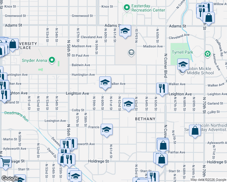 map of restaurants, bars, coffee shops, grocery stores, and more near 6101 Walker Avenue in Lincoln