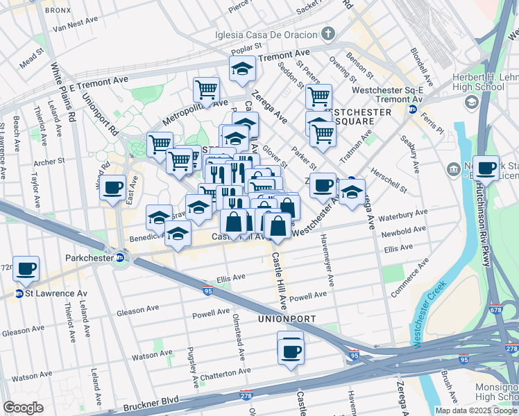 map of restaurants, bars, coffee shops, grocery stores, and more near 1381 Castle Hill Avenue in Bronx