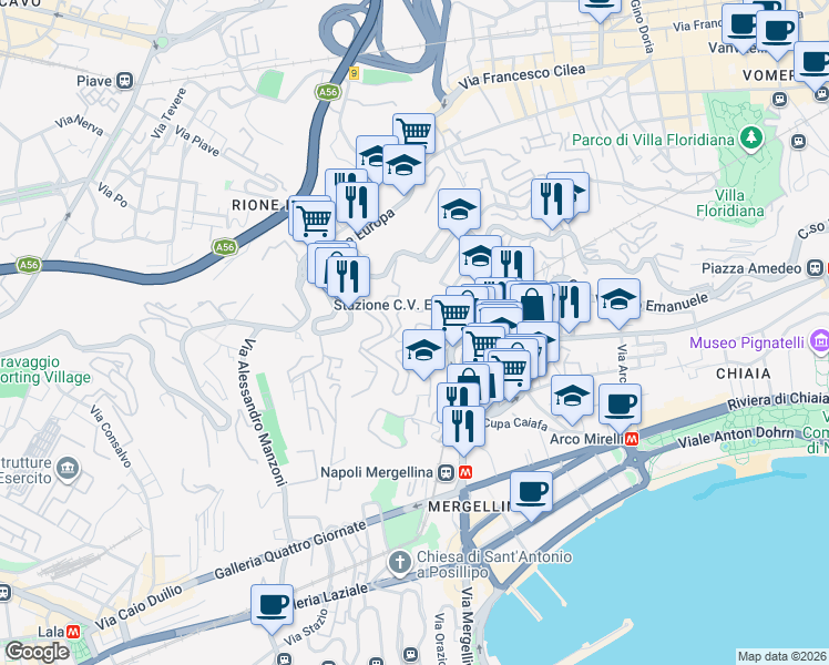 map of restaurants, bars, coffee shops, grocery stores, and more near Viale Privato Comola Ricci in Naples