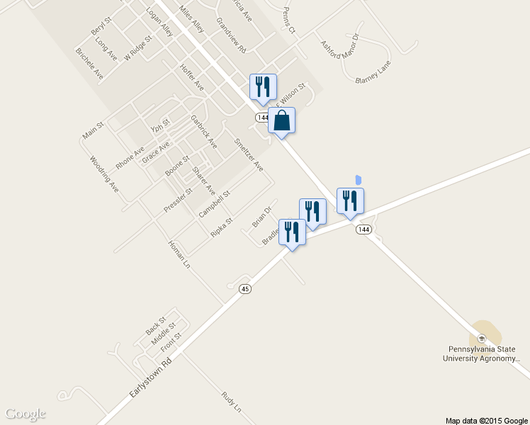 map of restaurants, bars, coffee shops, grocery stores, and more near Brian Dr in Centre Hall