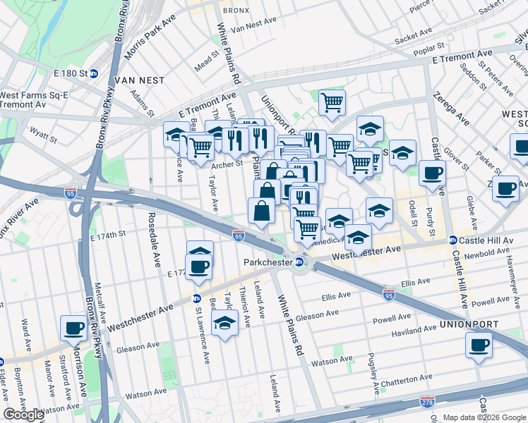 map of restaurants, bars, coffee shops, grocery stores, and more near White Plains Rd & Wood Ave in Bronx