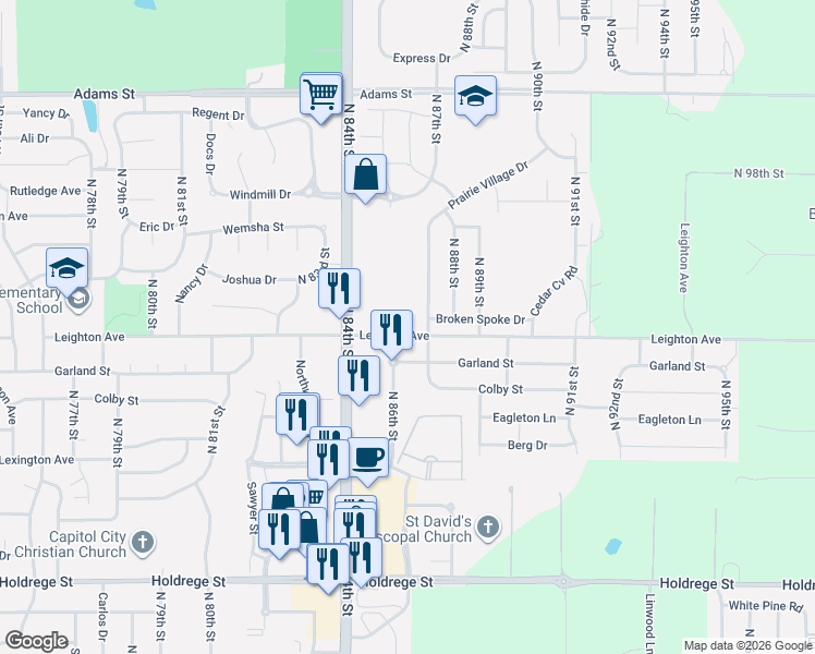 map of restaurants, bars, coffee shops, grocery stores, and more near 2320 North 87th Street in Lincoln