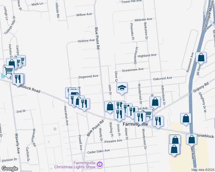 map of restaurants, bars, coffee shops, grocery stores, and more near 30 John Drive in Farmingville