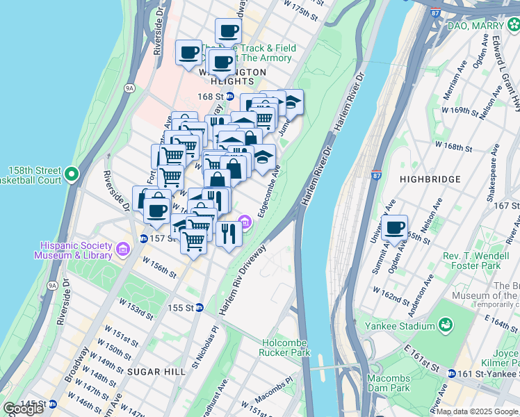 map of restaurants, bars, coffee shops, grocery stores, and more near 453 West 163rd Street in New York