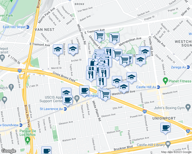 map of restaurants, bars, coffee shops, grocery stores, and more near 3036 Wood Avenue in Bronx