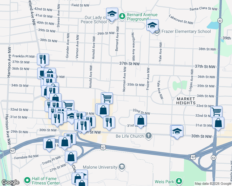 map of restaurants, bars, coffee shops, grocery stores, and more near 3420 Westview Avenue Northwest in Canton