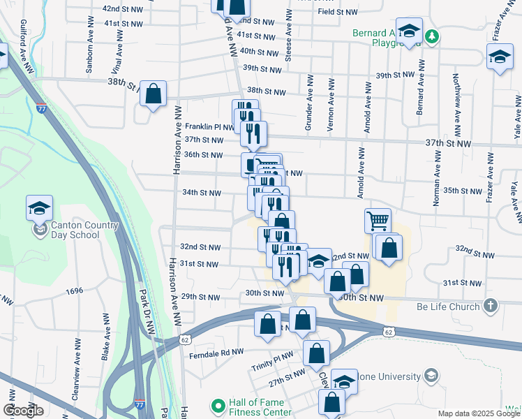 map of restaurants, bars, coffee shops, grocery stores, and more near 3315 Cleveland Avenue Northwest in Canton