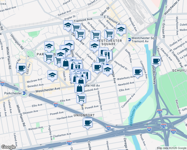 map of restaurants, bars, coffee shops, grocery stores, and more near 1436 Doris Street in Bronx