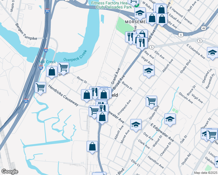 map of restaurants, bars, coffee shops, grocery stores, and more near 581 Grand Avenue in Ridgefield