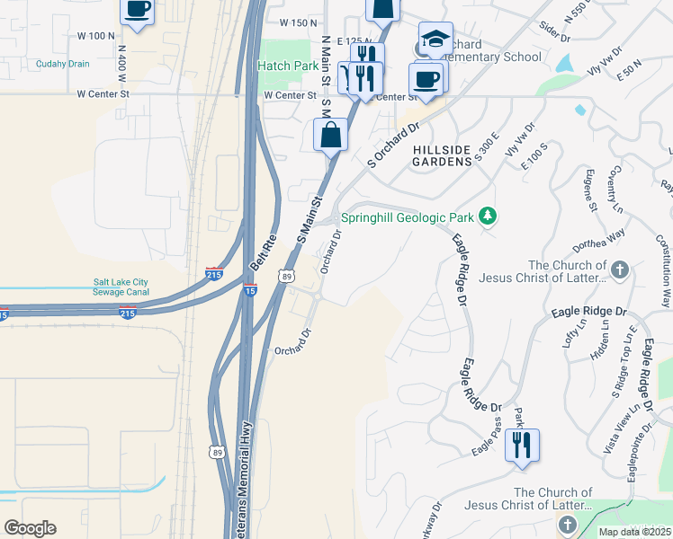 map of restaurants, bars, coffee shops, grocery stores, and more near 325 South Orchard Drive in North Salt Lake