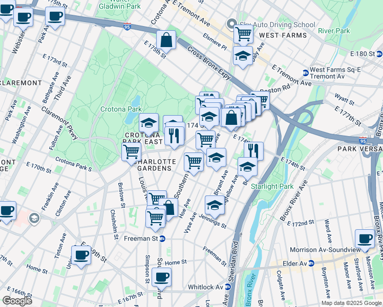 map of restaurants, bars, coffee shops, grocery stores, and more near 1668 Southern Boulevard in The Bronx