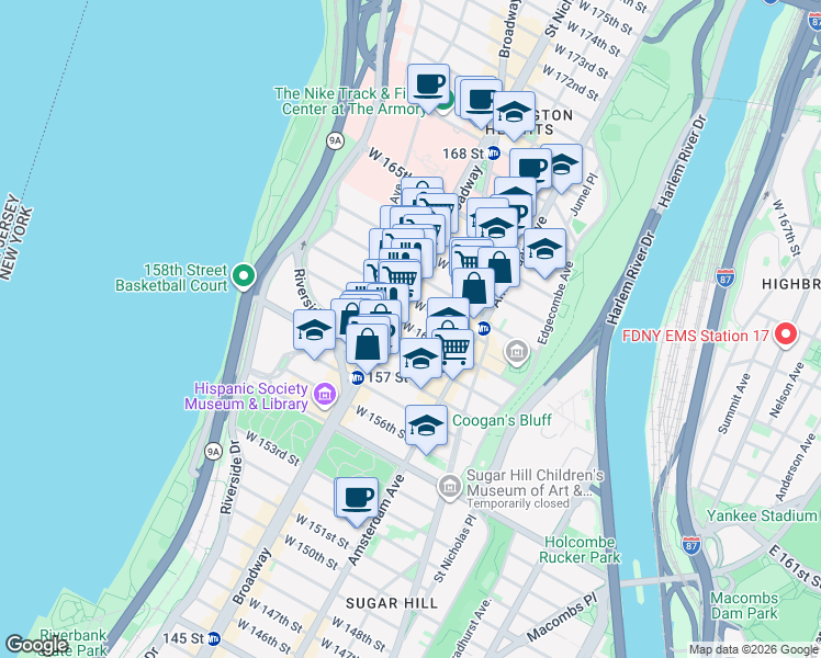 map of restaurants, bars, coffee shops, grocery stores, and more near 558 West 160th Street in New York
