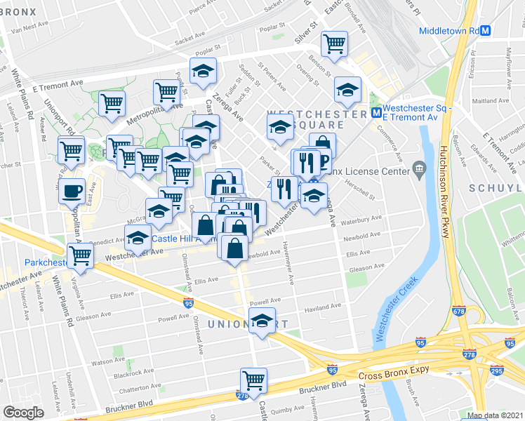 map of restaurants, bars, coffee shops, grocery stores, and more near 1436 Doris Street in Bronx