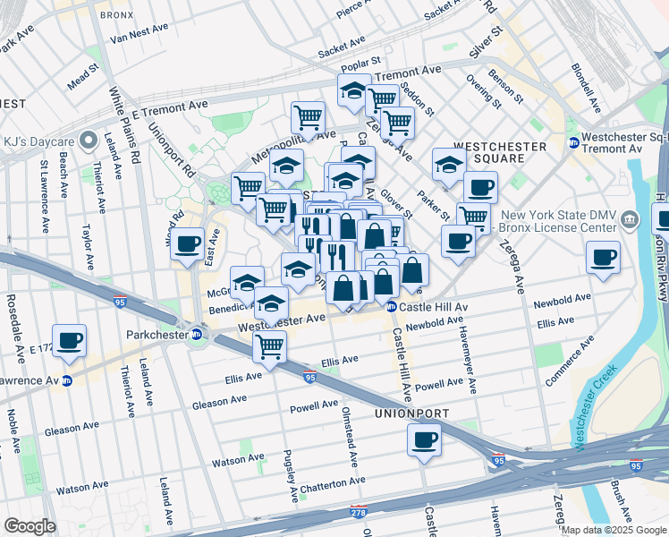 map of restaurants, bars, coffee shops, grocery stores, and more near 2132 Starling Avenue in Bronx