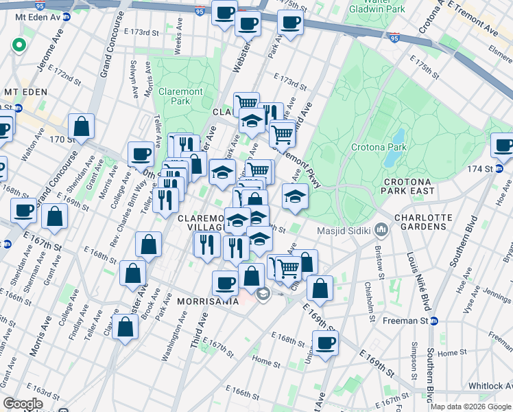 map of restaurants, bars, coffee shops, grocery stores, and more near 1410 Washington Avenue in Bronx