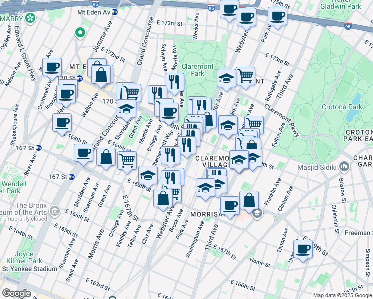 map of restaurants, bars, coffee shops, grocery stores, and more near in The Bronx